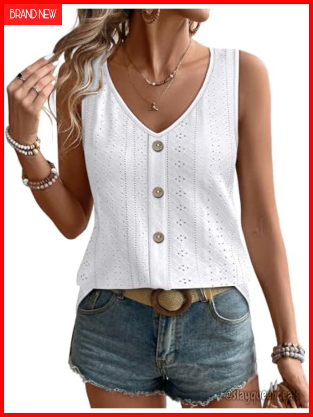Womens Loose Casual Summer Tank Top Eyelet V Neck Sleeveless Shirt